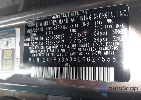 2020 Kia Sorento 2.4L Lx from USA, damaged, VIN 5XYPGDA3XLG627555